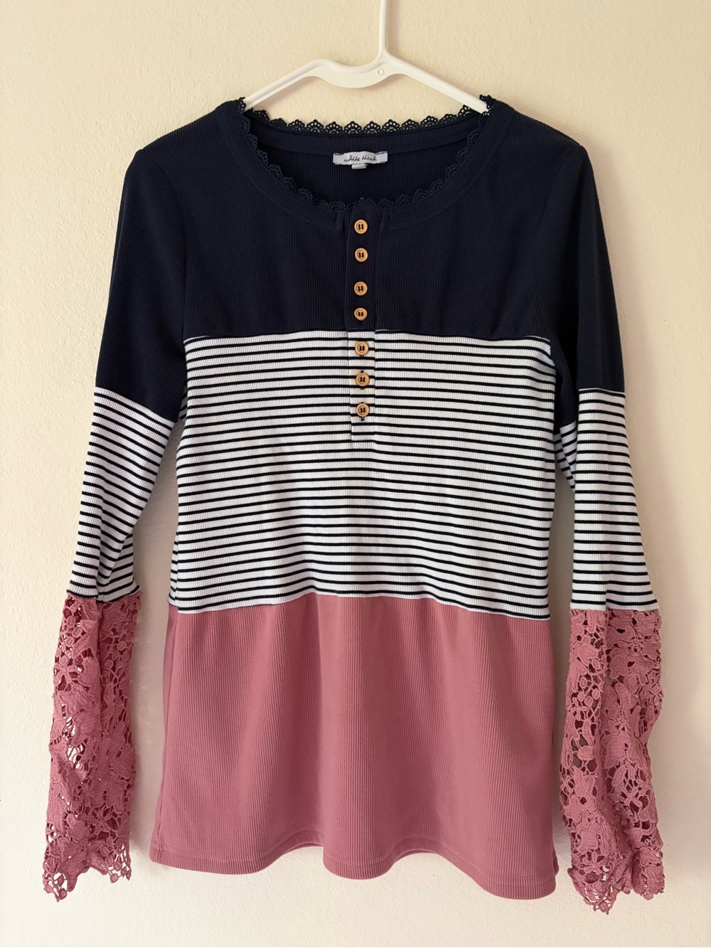 White Birch Navy, White & Dusty Rose Lace-Trim Henley XL Shirt Sweater